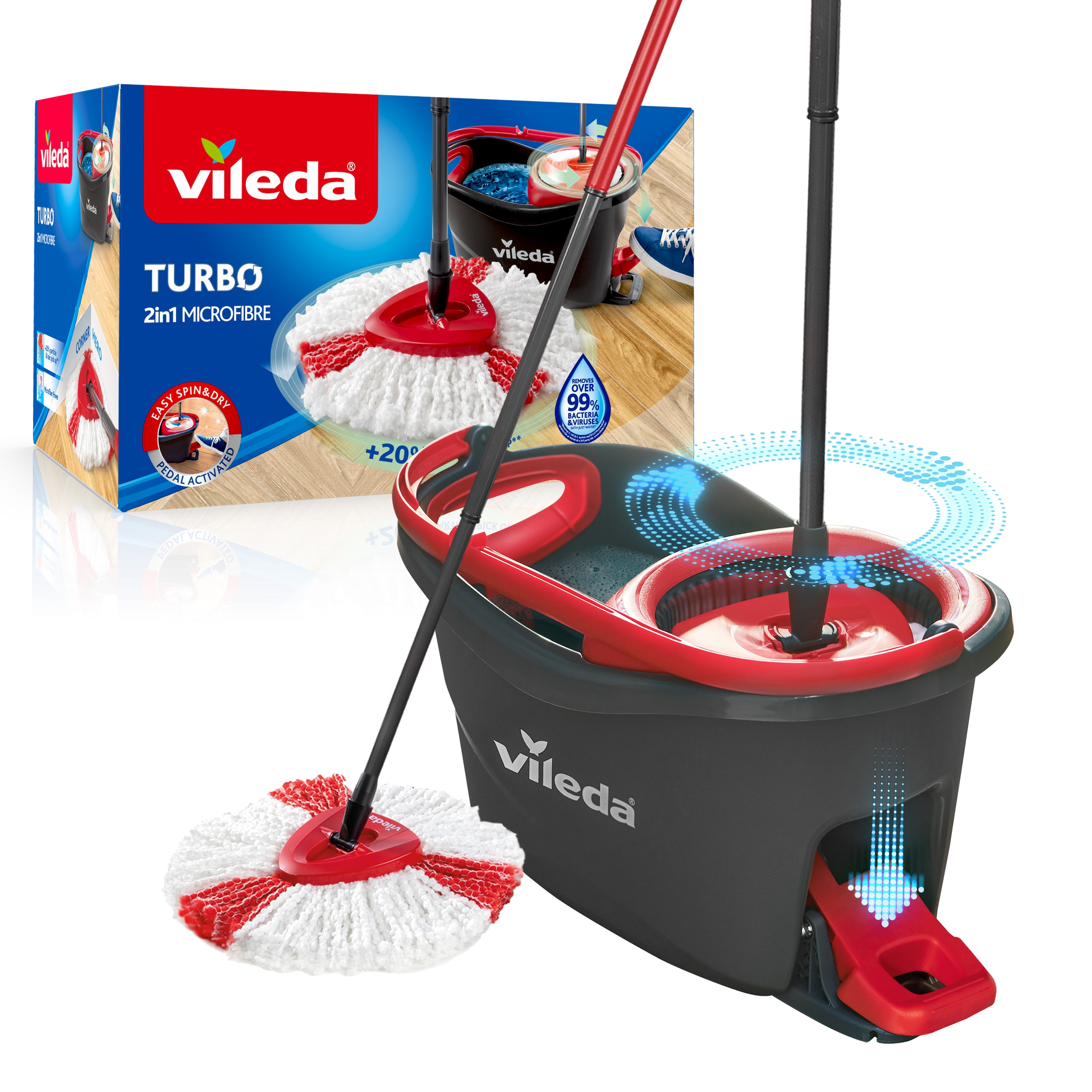Vileda Turbo 2in1 - spin mop & bucket set with foot pedal activated spinning wringer